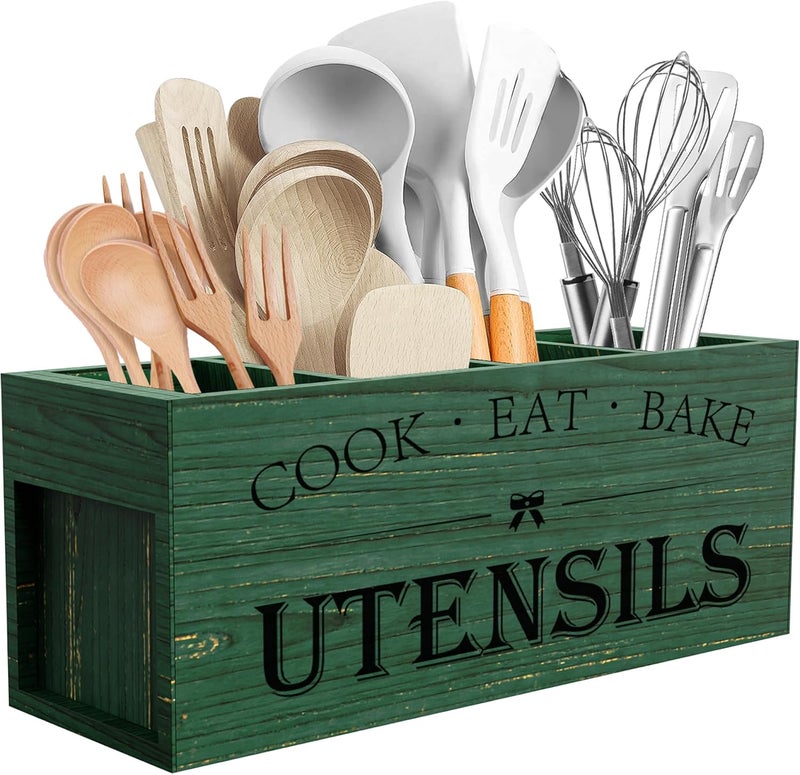 Suli Extra Large Kitchen Utensils Holder with 4 Compartments, Wooden Utensil Organizer for Kitchen Countertop, Farmhouse Decor, Rustic Cooking Utensil - Green grain - Image 1